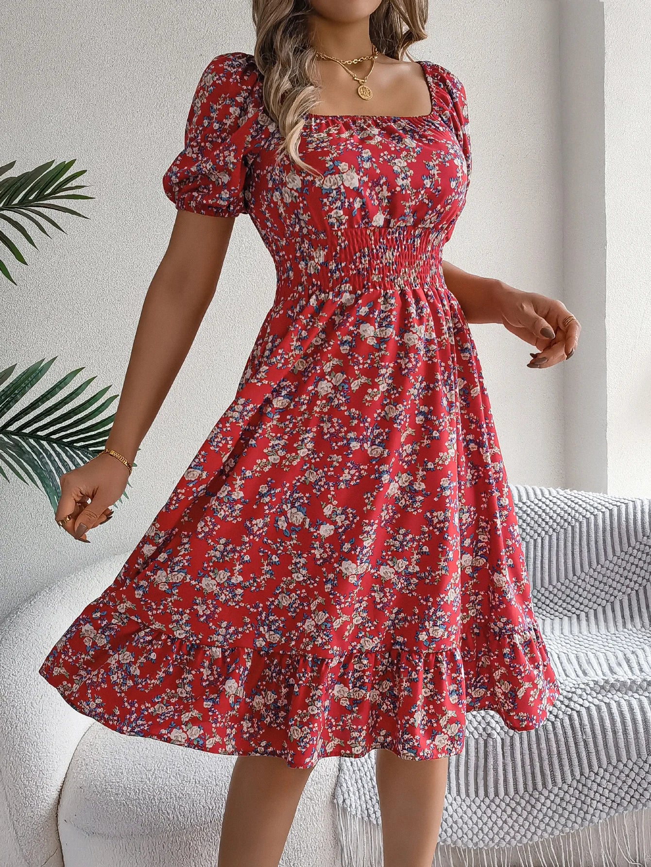 Spring Summer Floral Ruffle Dress