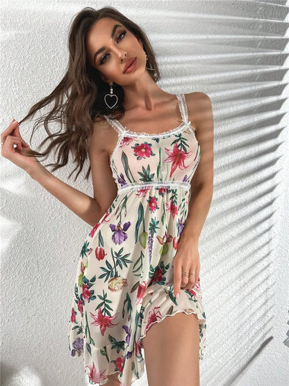Floral Mesh Ruffle Babydoll Nightdress