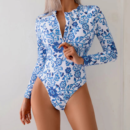 Printing One-Piece Swimsuit Front Zip