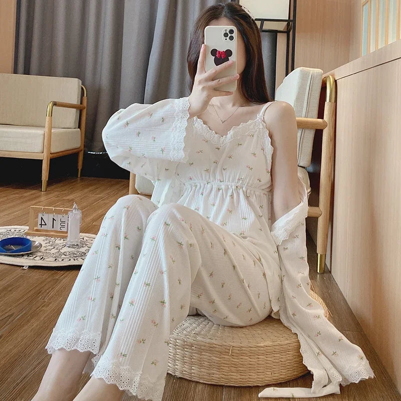 3PCS Lace Cotton Maternity Nursing Pajama Set