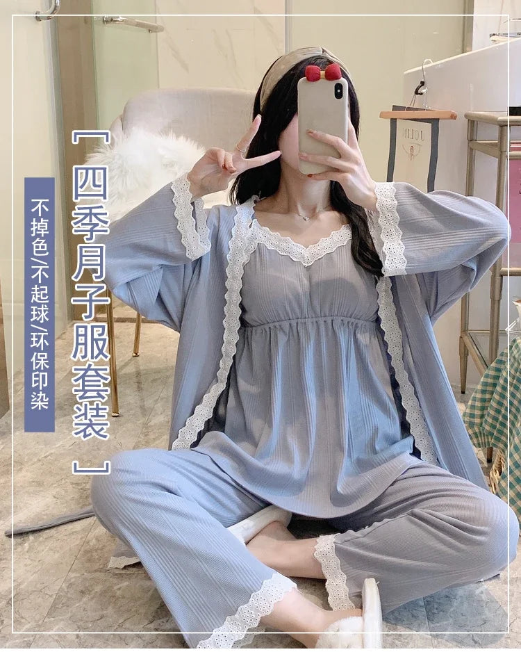 3PCS Lace Cotton Maternity Nursing Pajama Set