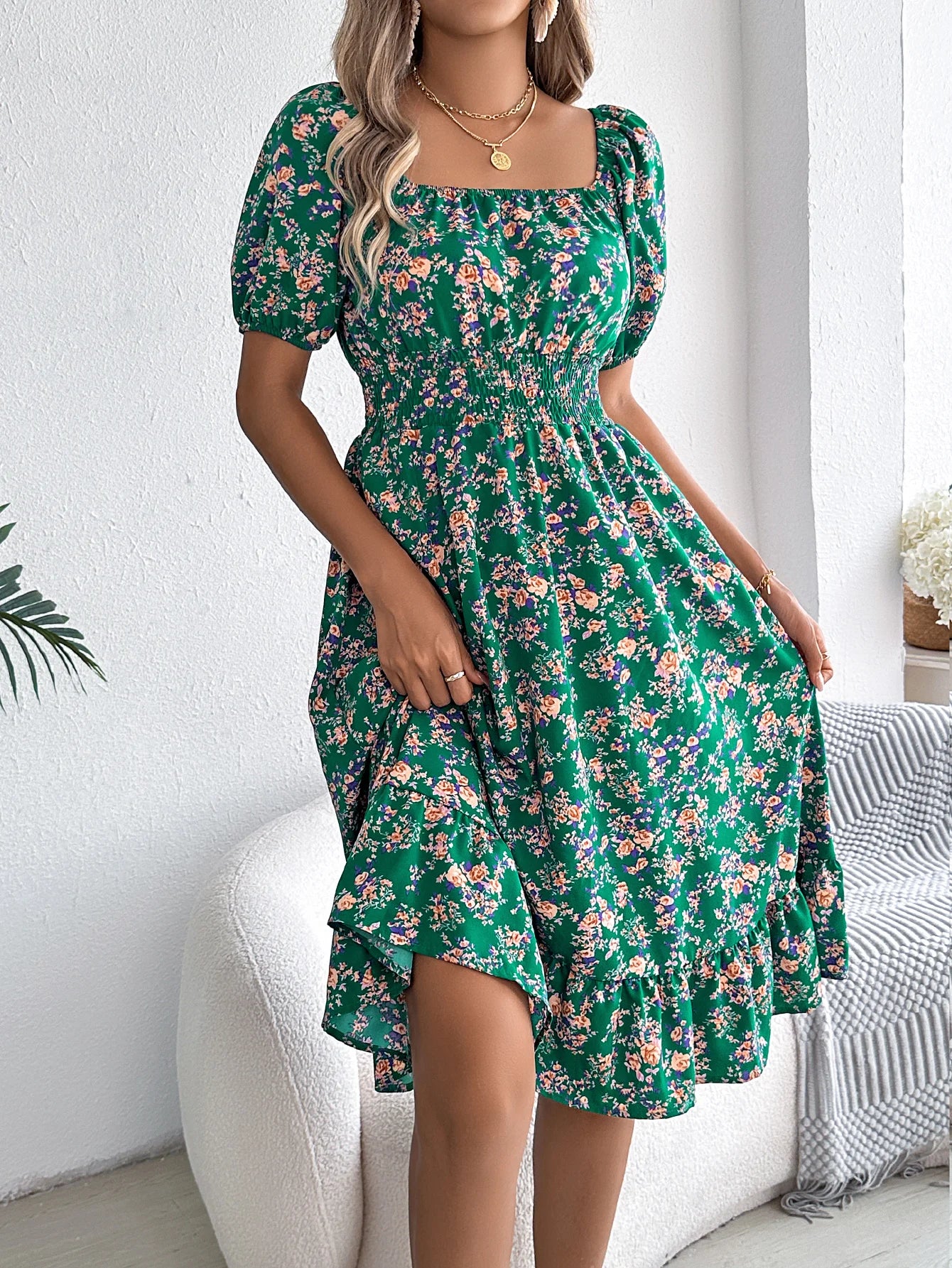 Spring Summer Floral Ruffle Dress