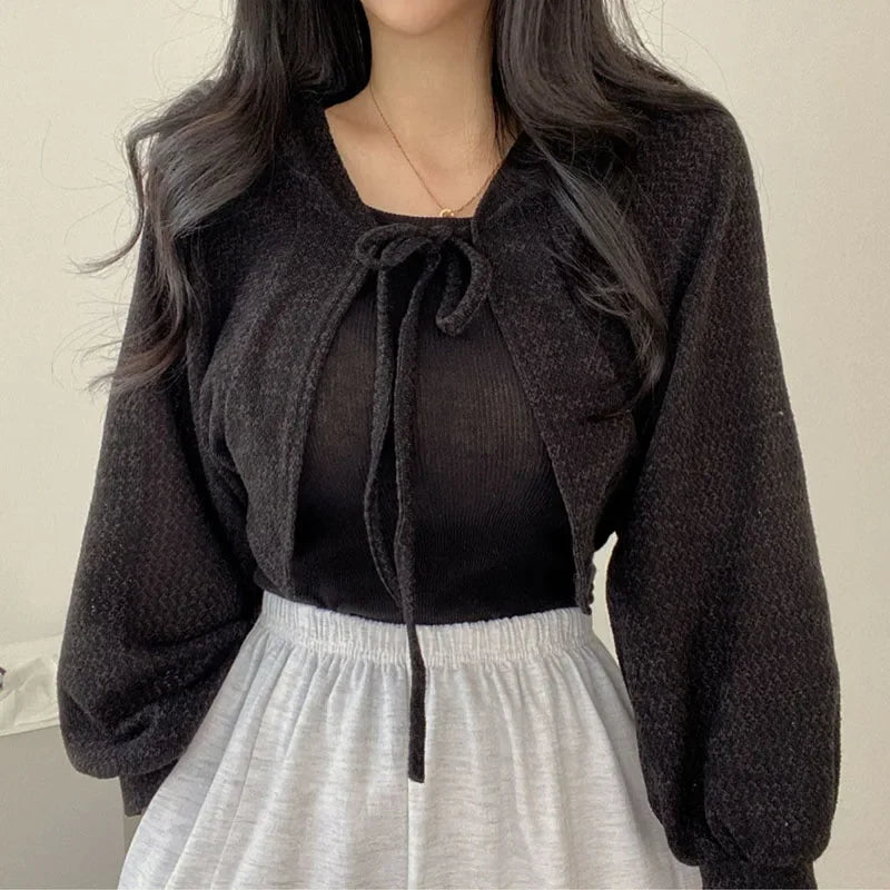 White Lace-Up Summer Knit Cardigan