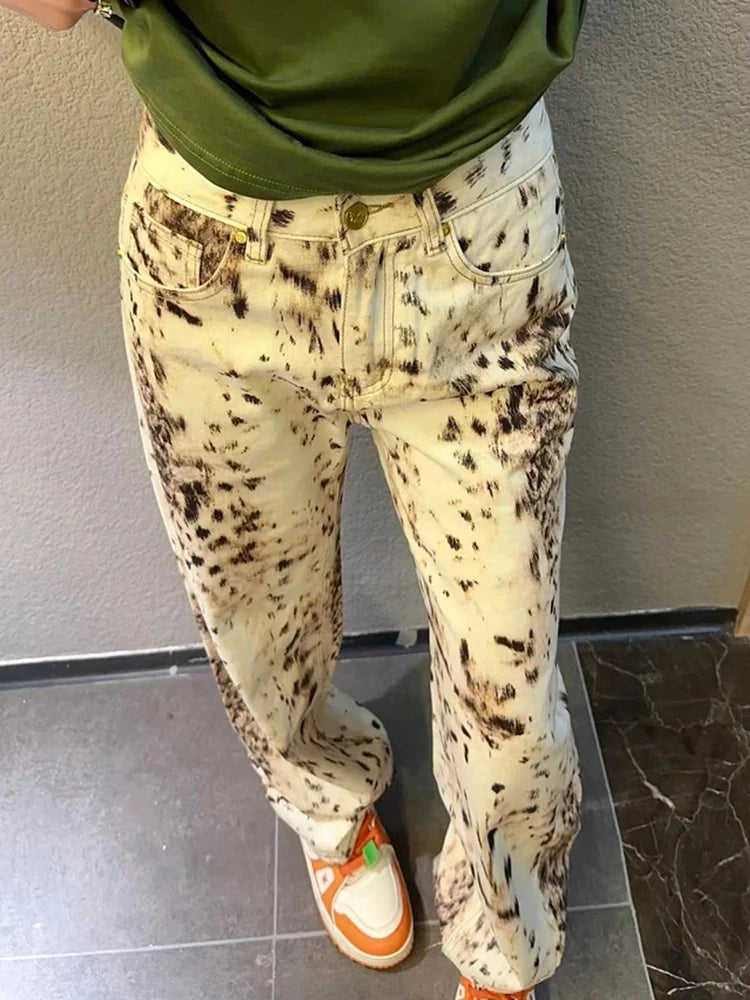 Women Leopard Print Baggy Jeans