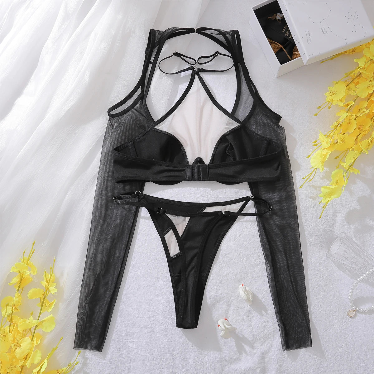 Sexy Mesh 3-Piece Long Sleeve Underwear Set