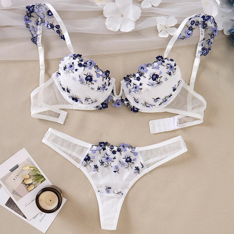 Floral Embroidery See-Through Push-Up Set