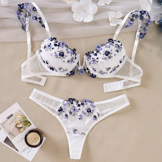 Floral Embroidery See-Through Push-Up Set