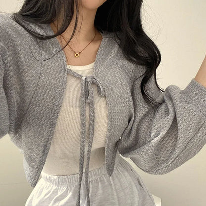 White Lace-Up Summer Knit Cardigan