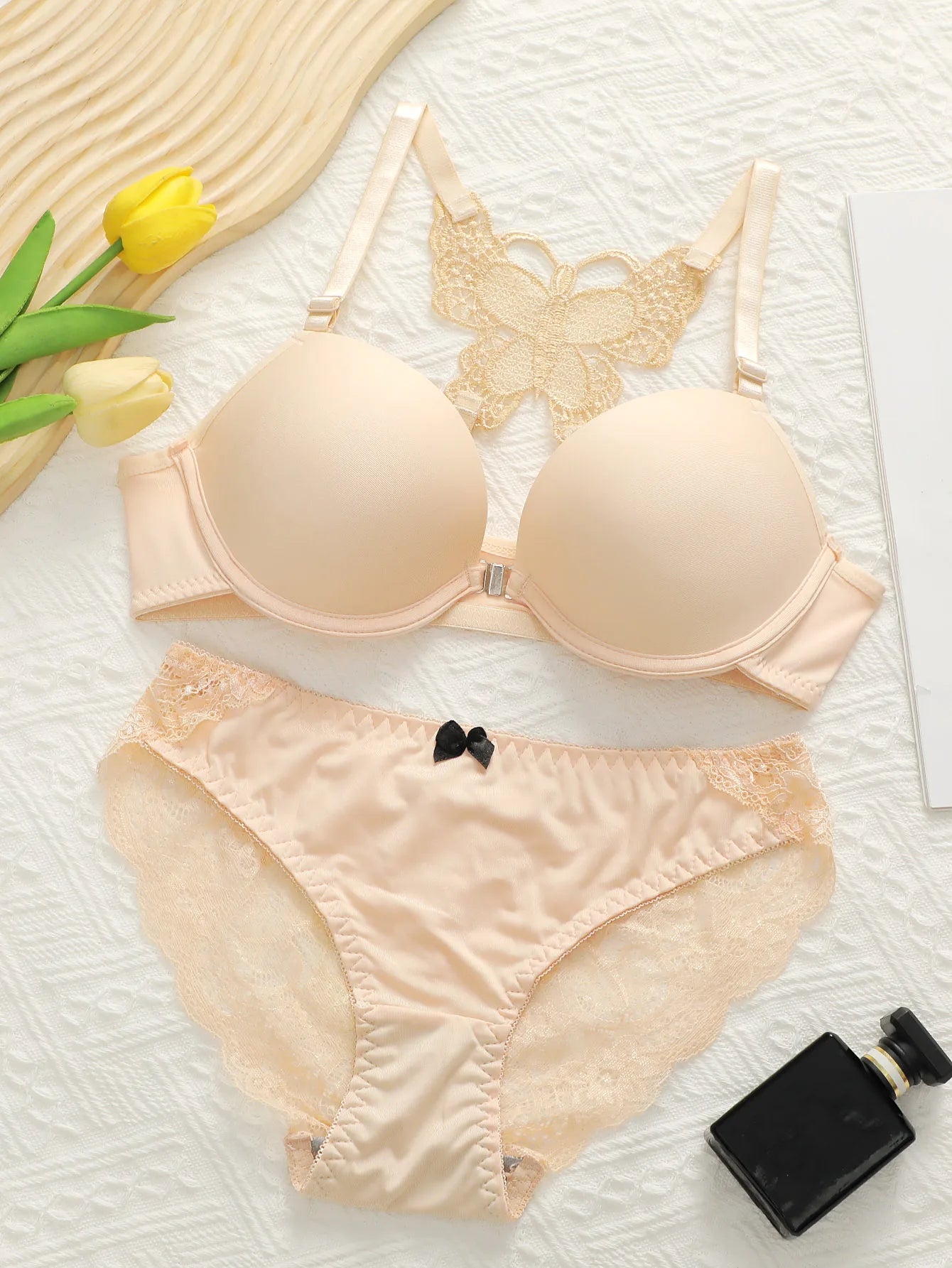 Red Front Button Butterfly Back Bra Set