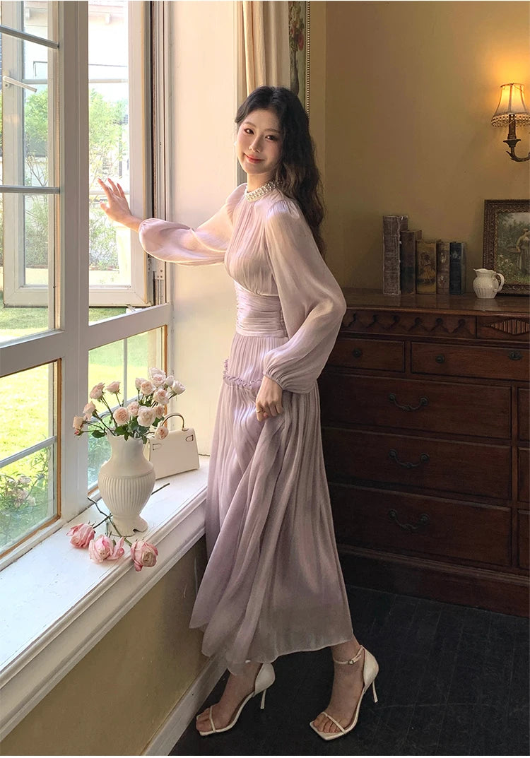 Pleated Waist Bubble Sleeve Dress