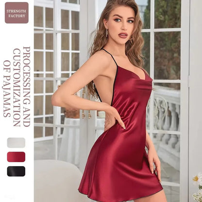 Solid Color V-Neck Backless Silk Nightgown