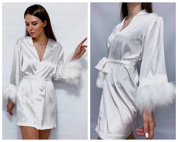 White Feather Satin Bridal Robe