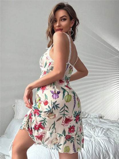 Floral Mesh Ruffle Babydoll Nightdress