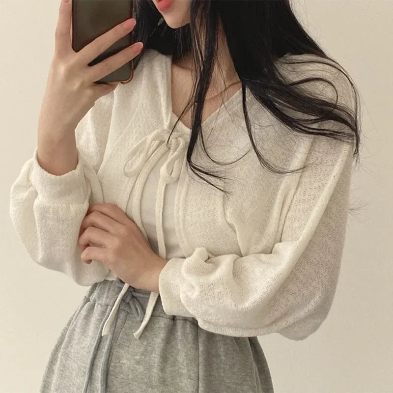 White Lace-Up Summer Knit Cardigan