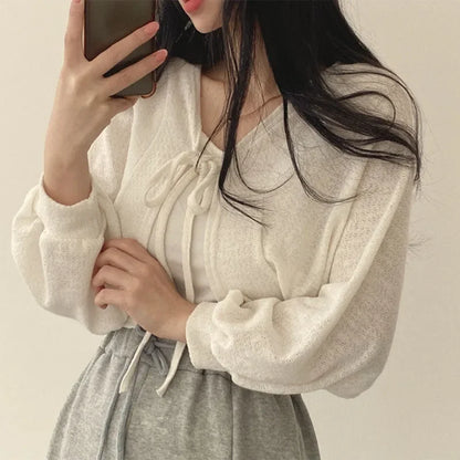 White Lace-Up Summer Knit Cardigan