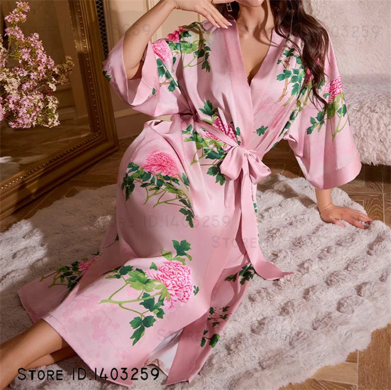 Oversized Floral Silk Kimono Robe