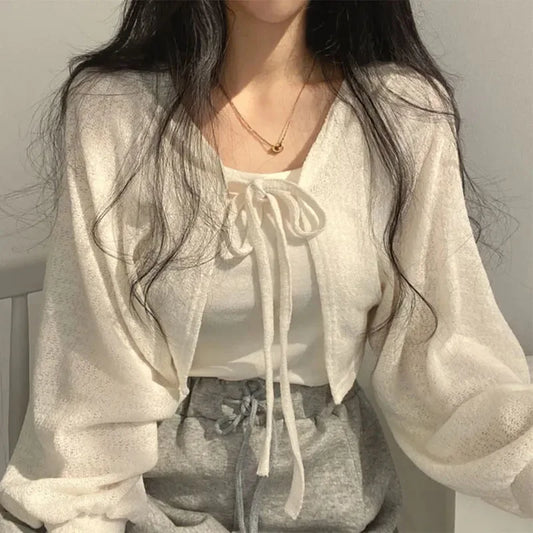 White Lace-Up Summer Knit Cardigan