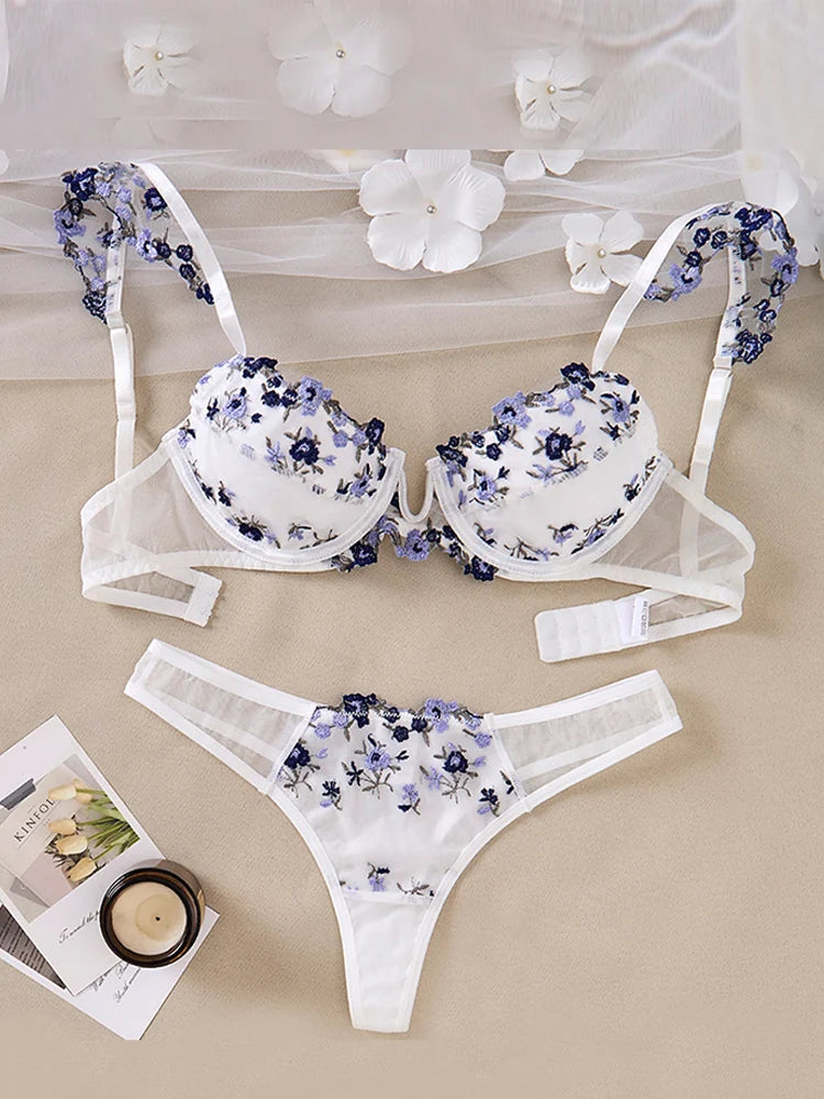 Floral Embroidery See-Through Push-Up Set