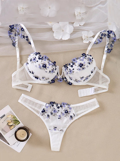 Floral Embroidery See-Through Push-Up Set