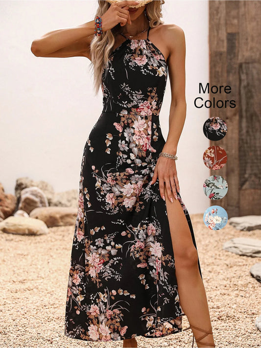 Women's Floral Halter Slit Dress