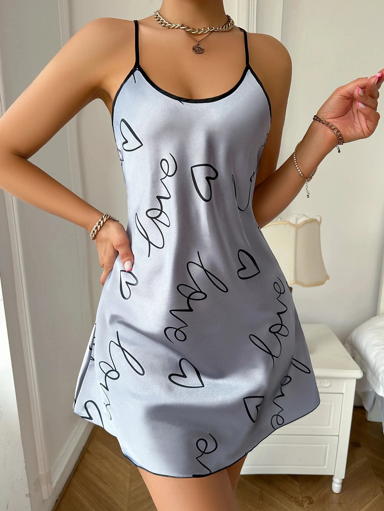 Heart Print Spaghetti Strap Nightdress