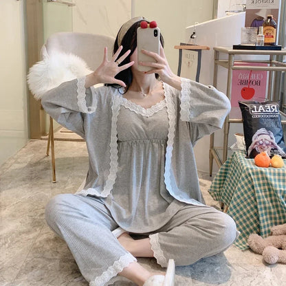 3PCS Lace Cotton Maternity Nursing Pajama Set