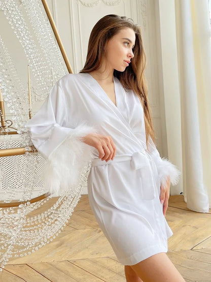 White Feather Satin Bridal Robe