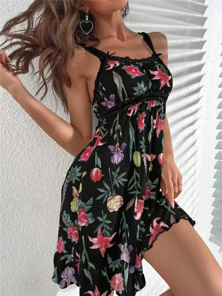 Floral Mesh Ruffle Babydoll Nightdress