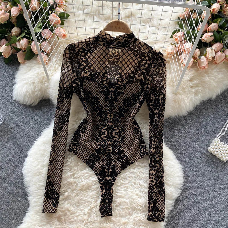 Women Korean Backless Mesh Bodysuit