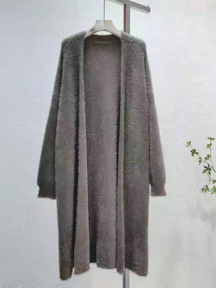 Warm Knee-Length Mink Fleece Cardigan