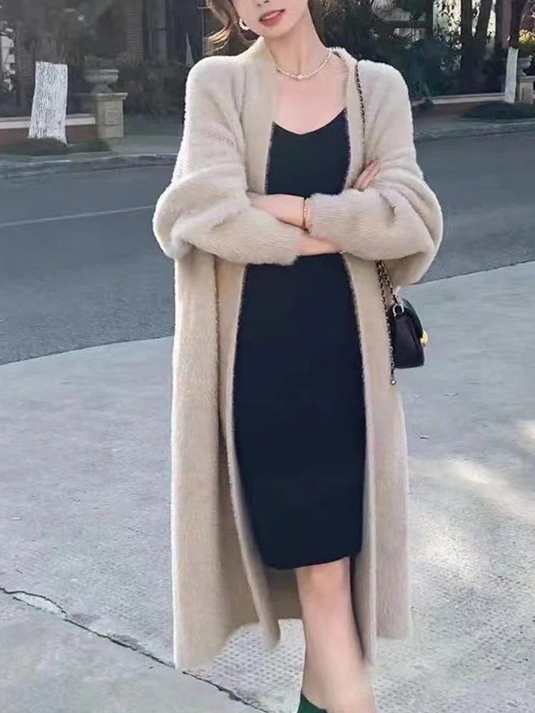 Warm Knee-Length Mink Fleece Cardigan