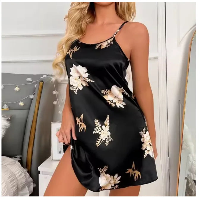 Sexy Black Floral Silk Nightdress