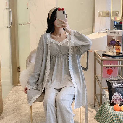 3PCS Lace Cotton Maternity Nursing Pajama Set