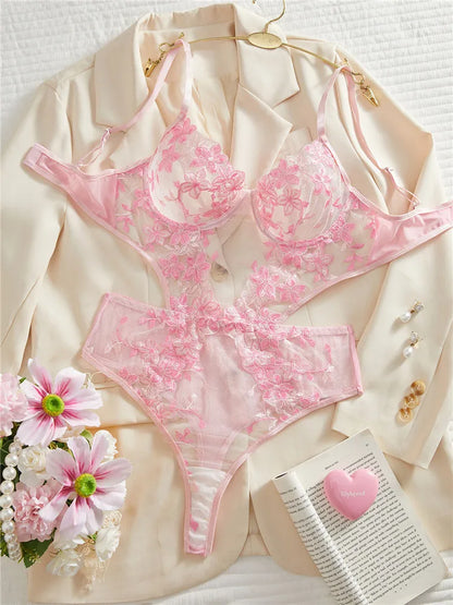 Pink Floral Lace Bodysuit Set
