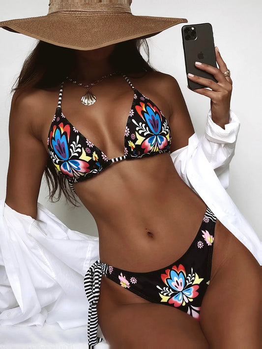 Floral Print Triangle Bikini Set