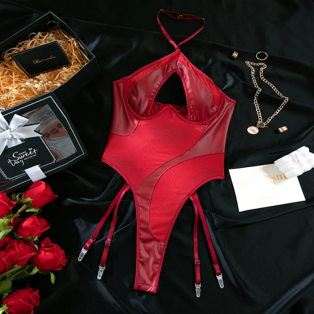 PU Leather Backless Halter Mesh Bodysuit
